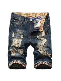 Liuhond Men's Casual Denim Ripped Mid Waist Distressed Jeans Shorts Hole Cut-Off Short Dark Blue