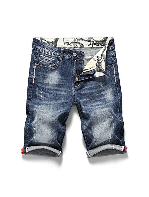 Liuhond Men's Casual Denim Ripped Mid Waist Distressed Jeans Shorts Hole Cut-Off Short Dark Blue