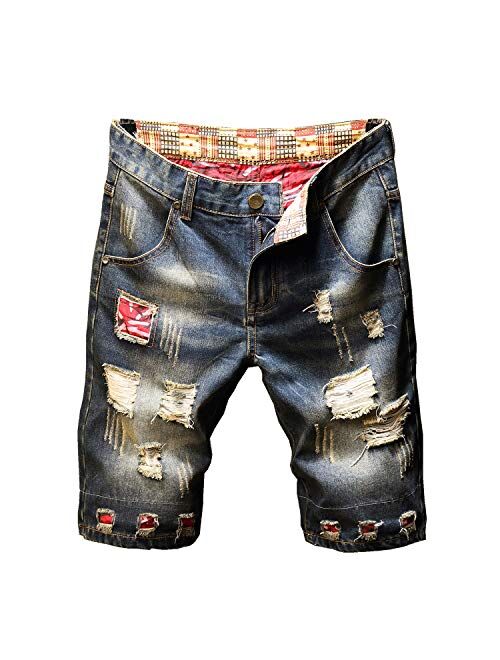 Liuhond Men's Casual Denim Ripped Mid Waist Distressed Jeans Shorts Hole Cut-Off Short Dark Blue