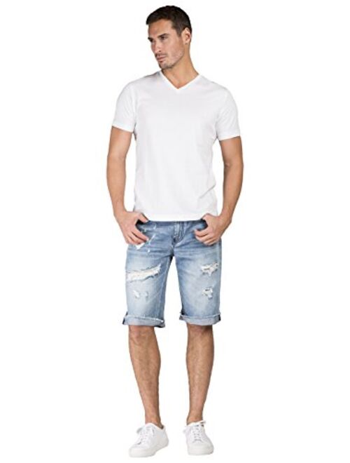 Level 7 Men's Light Blue Relax Premium Denim Cut Off Shorts Distressed Mended Raw Edge