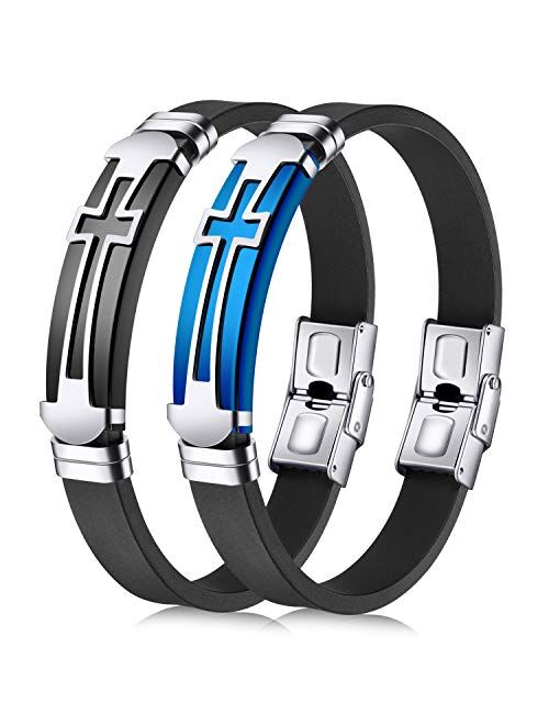 JINGCI Cross Bracelets for Men, Stainless Steel Religious Bracelet with Silicone and Leather for Couples Boys and Man