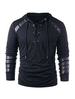 Men's Gothic Steampunk Shirts Sweatshirt Lace Up Long Sleeve Pullover Hooded Tee Tops