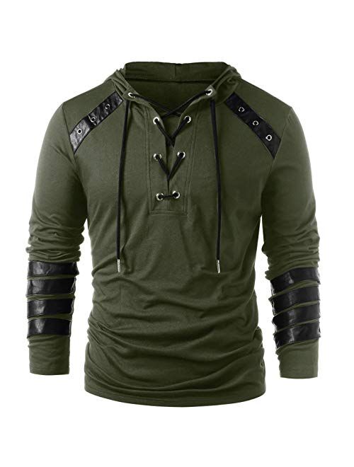 Men's Gothic Steampunk Shirts Sweatshirt Lace Up Long Sleeve Pullover Hooded Tee Tops