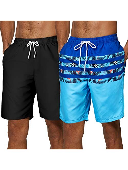 SILKWORLD Men's 2 Pack Swim Trunks Quick Dry Beach Boardshorts Classic Length