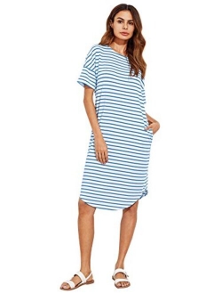 Women's Short Sleeve Drop Shoulder Pocket Stripe T Shirt Dress