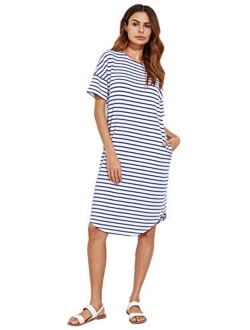 Women's Short Sleeve Drop Shoulder Pocket Stripe T Shirt Dress