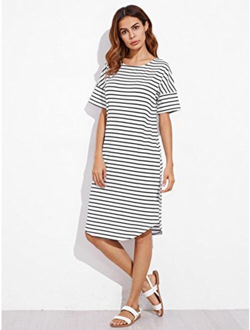 Floerns Women's Short Sleeve Drop Shoulder Pocket Stripe T Shirt Dress