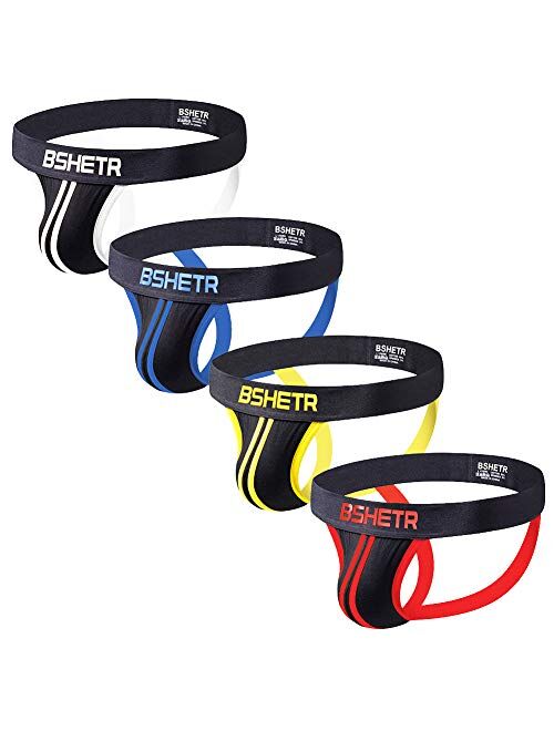 BSHETR Men's Underwear Jockstrap Athletic Supporters, 4-Pack Cotton Low Rise Stretch Multipack Performance Jock Strap