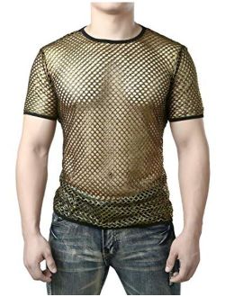 JOGAL Men's Mesh Fishnet Fitted Short Sleeve Muscle Top