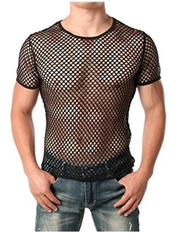 JOGAL Men's Mesh Fishnet Fitted Short Sleeve Muscle Top