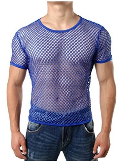 JOGAL Men's Mesh Fishnet Fitted Short Sleeve Muscle Top