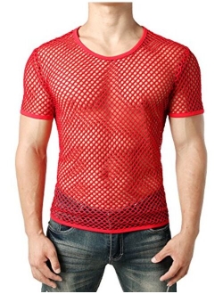 JOGAL Men's Mesh Fishnet Fitted Short Sleeve Muscle Top