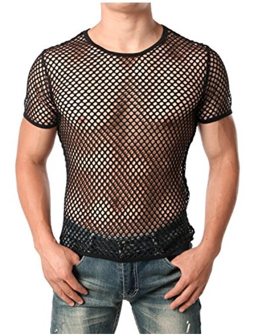 JOGAL Men's Mesh Fishnet Fitted Short Sleeve Muscle Top