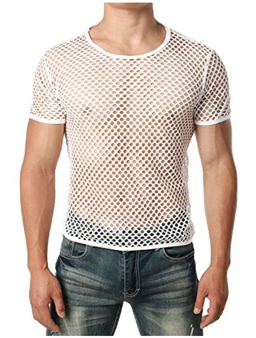 JOGAL Men's Mesh Fishnet Fitted Short Sleeve Muscle Top