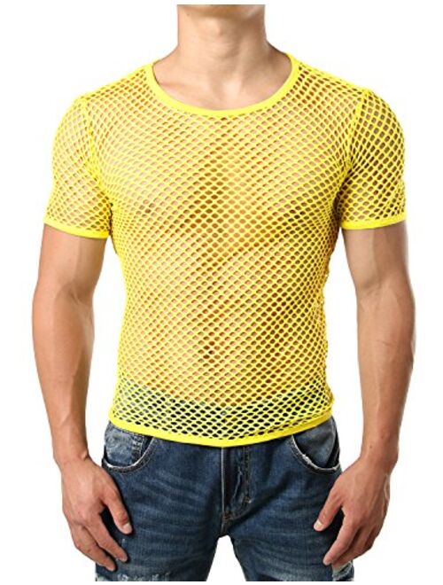 JOGAL Men's Mesh Fishnet Fitted Short Sleeve Muscle Top