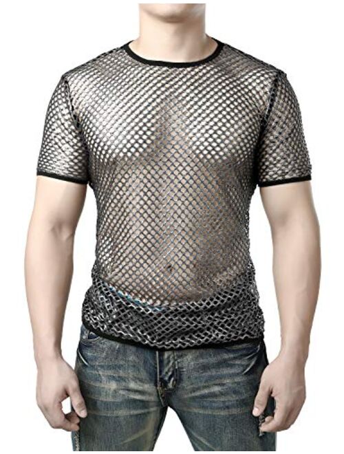 JOGAL Men's Mesh Fishnet Fitted Short Sleeve Muscle Top