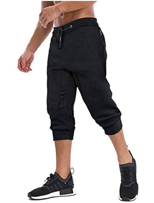 MAGNIVIT Men's 3/4 Jogger Capri Pants Workout Gym Below Knee Shorts Zipper Pockets