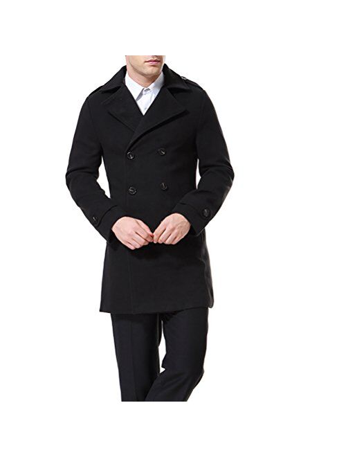 AOWOFS Men's Double Breasted Overcoat Pea Coat Classic Wool Blend Winter Coat