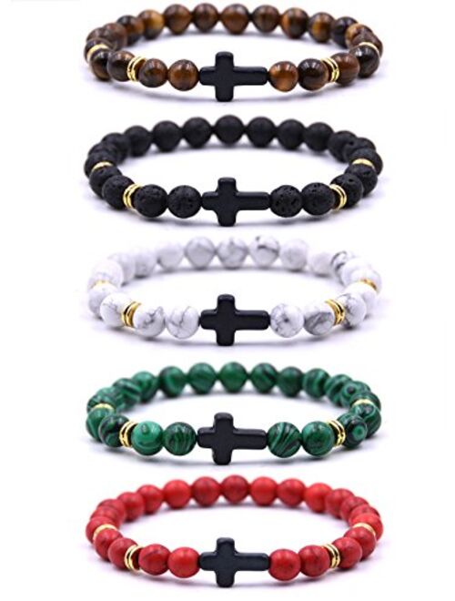 EVELICAL 3-5Pcs Bead Bracelet for Men Women Lava Rock Stone Cross Bracelet Elastic