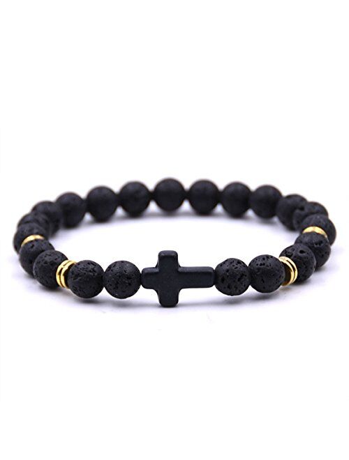 EVELICAL 3-5Pcs Bead Bracelet for Men Women Lava Rock Stone Cross Bracelet Elastic