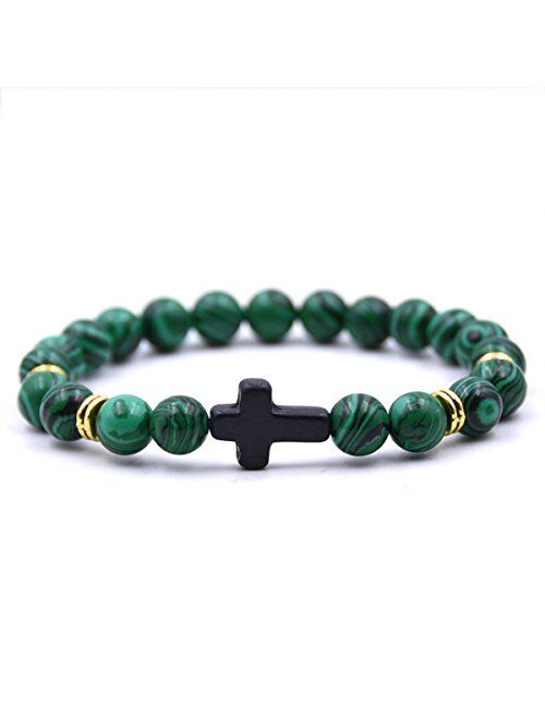 EVELICAL 3-5Pcs Bead Bracelet for Men Women Lava Rock Stone Cross Bracelet Elastic