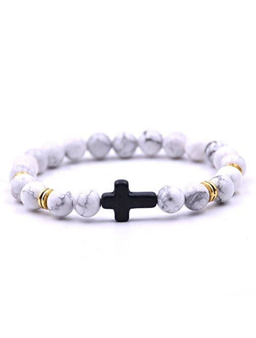 EVELICAL 3-5Pcs Bead Bracelet for Men Women Lava Rock Stone Cross Bracelet Elastic