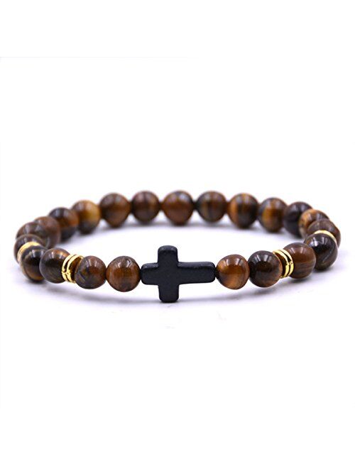 EVELICAL 3-5Pcs Bead Bracelet for Men Women Lava Rock Stone Cross Bracelet Elastic