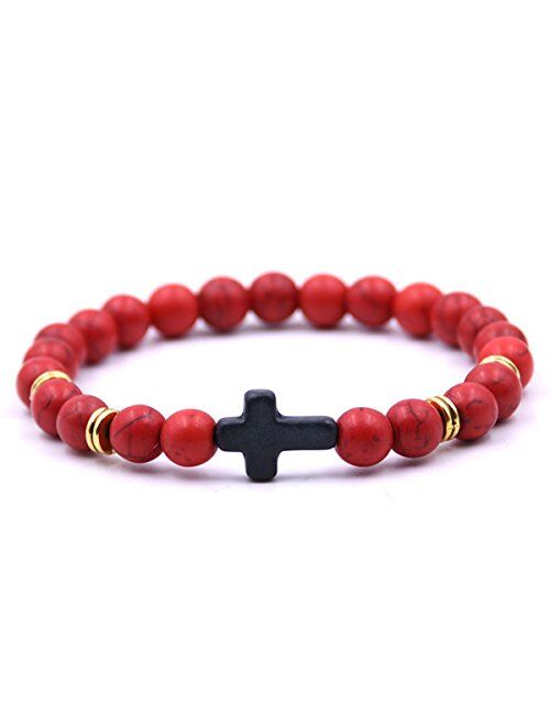 EVELICAL 3-5Pcs Bead Bracelet for Men Women Lava Rock Stone Cross Bracelet Elastic