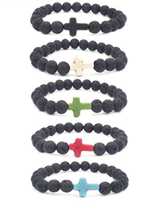 EVELICAL 3-5Pcs Bead Bracelet for Men Women Lava Rock Stone Cross Bracelet Elastic