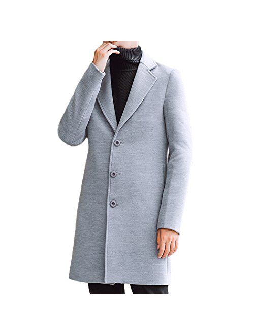 Raylans Men's Solid Trench Coat Long Cotton Blend Slim Fit Jacket Overcoat