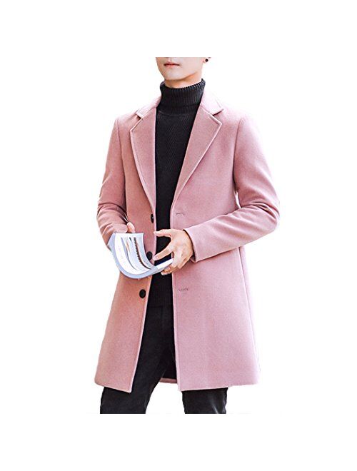 Raylans Men's Solid Trench Coat Long Cotton Blend Slim Fit Jacket Overcoat