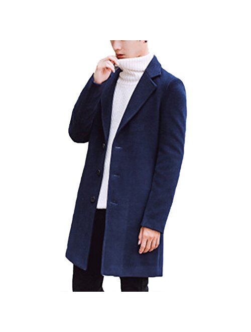 Raylans Men's Solid Trench Coat Long Cotton Blend Slim Fit Jacket Overcoat