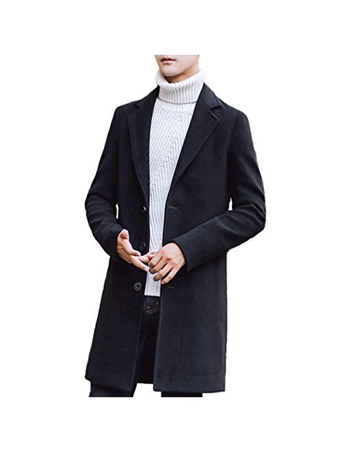 Raylans Men's Solid Trench Coat Long Cotton Blend Slim Fit Jacket Overcoat