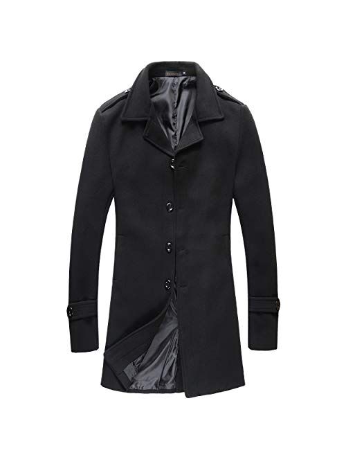 Mens Single Breasted Trench Coat Slim Fit Notched Collar Overcoat