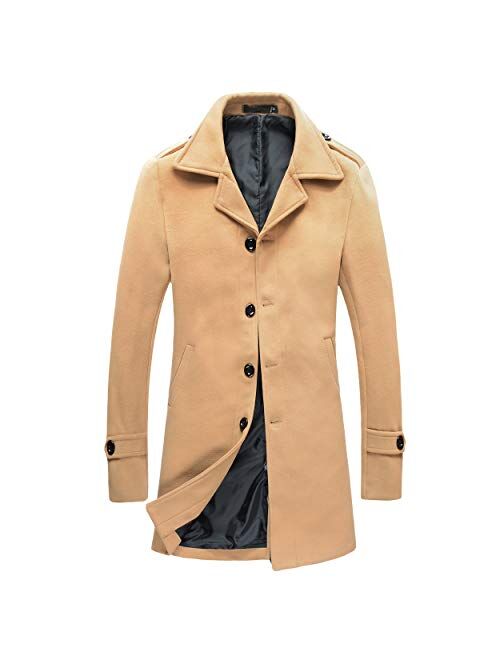 Mens Single Breasted Trench Coat Slim Fit Notched Collar Overcoat