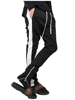 Mens Stripe Track Pants Skinny Fit Stretch Trouser Elastic Jogger