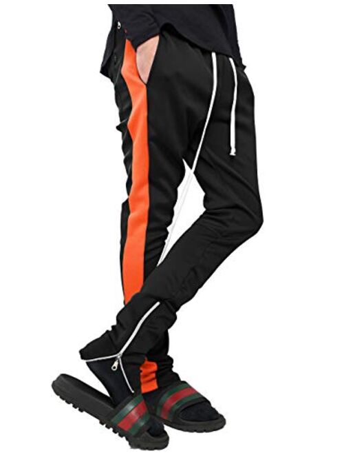 Mens Stripe Track Pants Skinny Fit Stretch Trouser Elastic Jogger