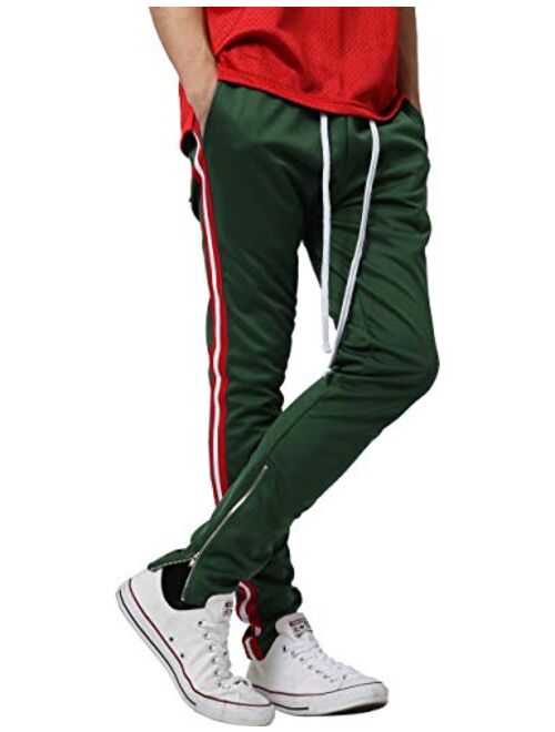 Mens Stripe Track Pants Skinny Fit Stretch Trouser Elastic Jogger