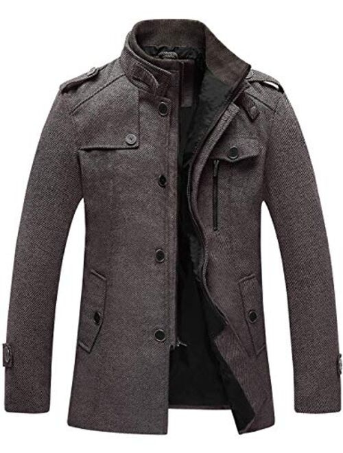 Wantdo Men's Wool Blend Jacket Stand Collar Windproof Pea Coat