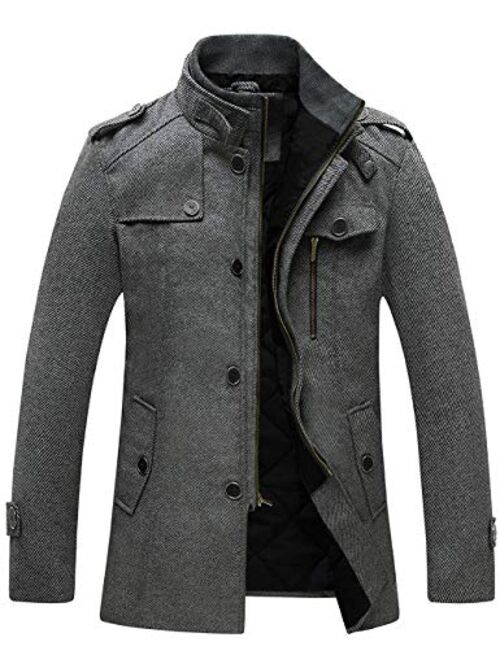 Wantdo Men's Wool Blend Jacket Stand Collar Windproof Pea Coat