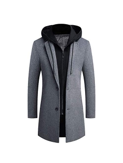 PRIJOUHE Men's Wool Coat Hoodie Long Trench Coat Cotton Casual Woollen Overcoat Jacket