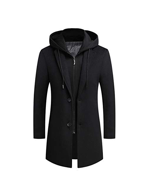 PRIJOUHE Men's Wool Coat Hoodie Long Trench Coat Cotton Casual Woollen Overcoat Jacket