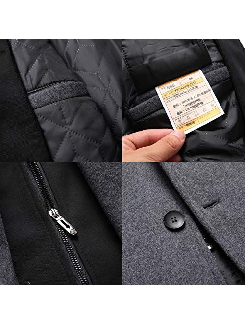 PRIJOUHE Men's Wool Coat Hoodie Long Trench Coat Cotton Casual Woollen Overcoat Jacket