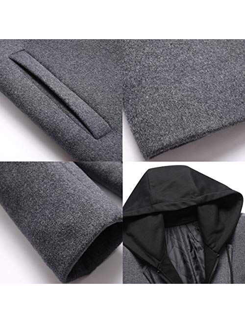 PRIJOUHE Men's Wool Coat Hoodie Long Trench Coat Cotton Casual Woollen Overcoat Jacket