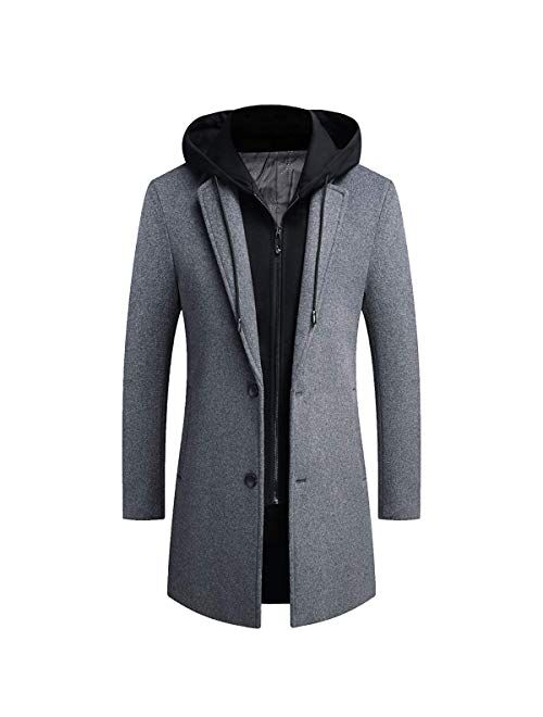 PRIJOUHE Men's Wool Coat Hoodie Long Trench Coat Cotton Casual Woollen Overcoat Jacket