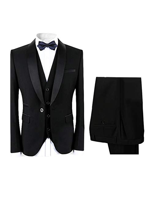 Boyland Mens 3 Pieces Suit Shawl Lapel Tuxedo Suits One Button Tux Jacket Vest Trousers Dinner Wedding