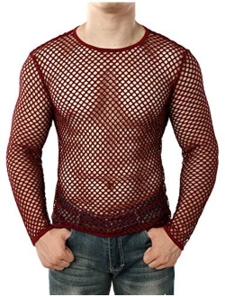 JOGAL Men's Mesh Fishnet Fitted Long Sleeve Muscle Top