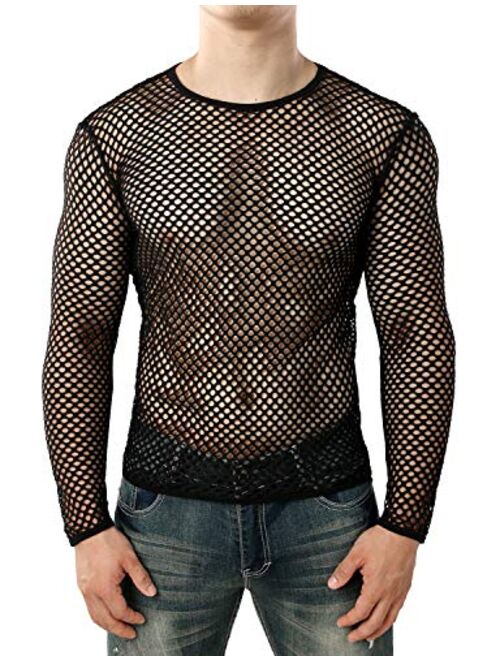 JOGAL Men's Mesh Fishnet Fitted Long Sleeve Muscle Top