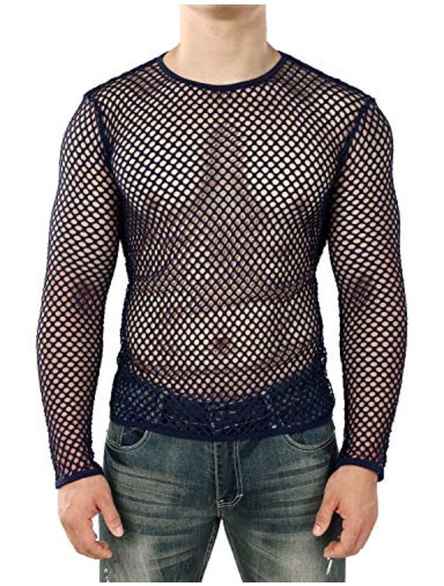 JOGAL Men's Mesh Fishnet Fitted Long Sleeve Muscle Top