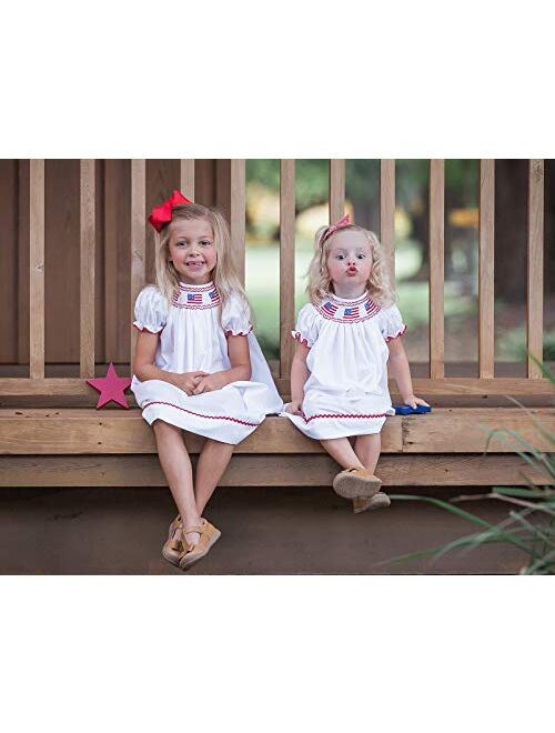 Hand Smocked American Flag Baby Girl White Dress Independence Day Toddler Clothing USA Apparel